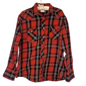 Wrangler Wrancher Shirt Rust Black Plaid Pearl Snap Sz XL Flannel Cotton Western